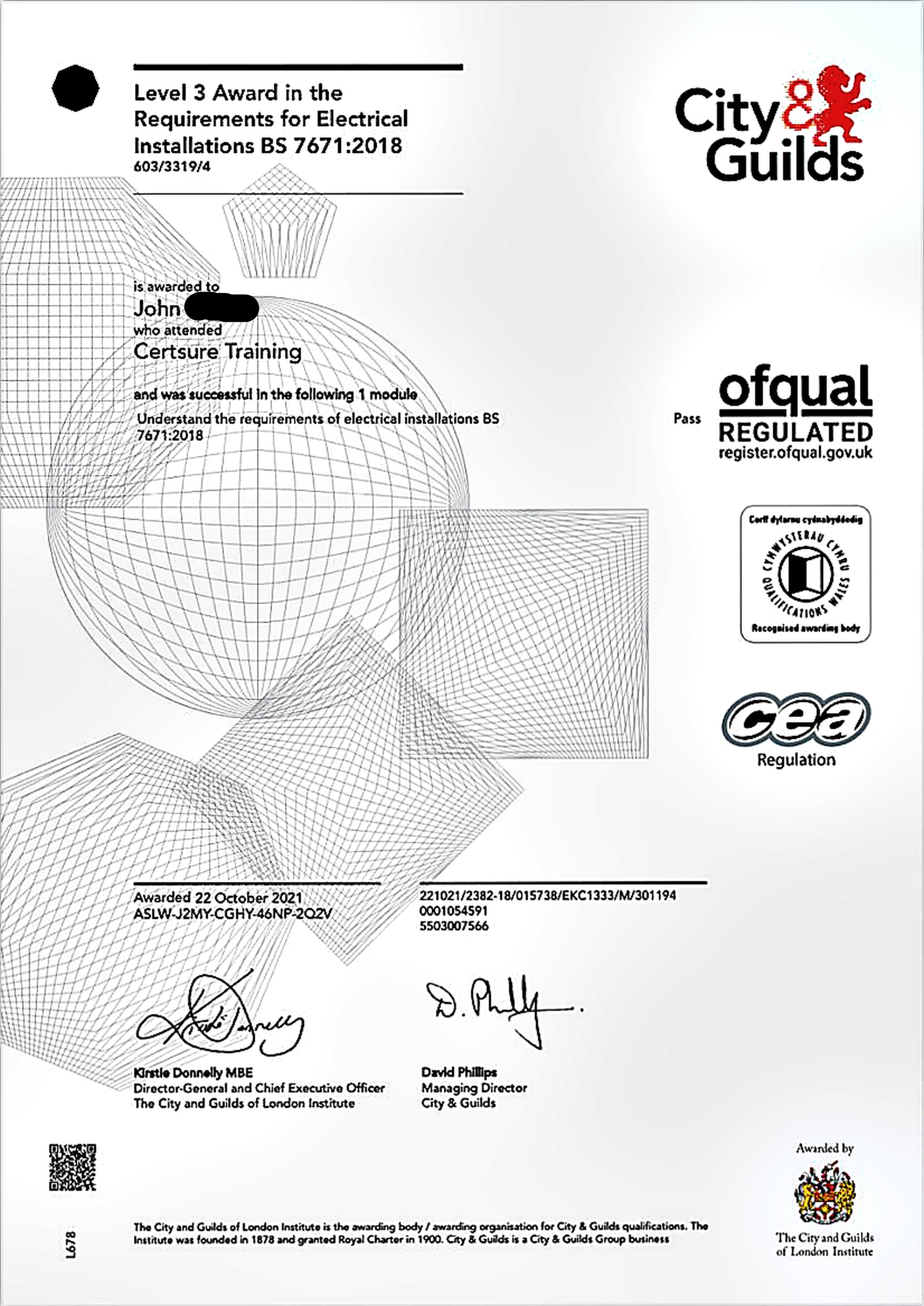 City and Guilds Level 3 Award in Electrical Installations BS 7671:2018 — John Kerr, ProFix Home Services Glasgow