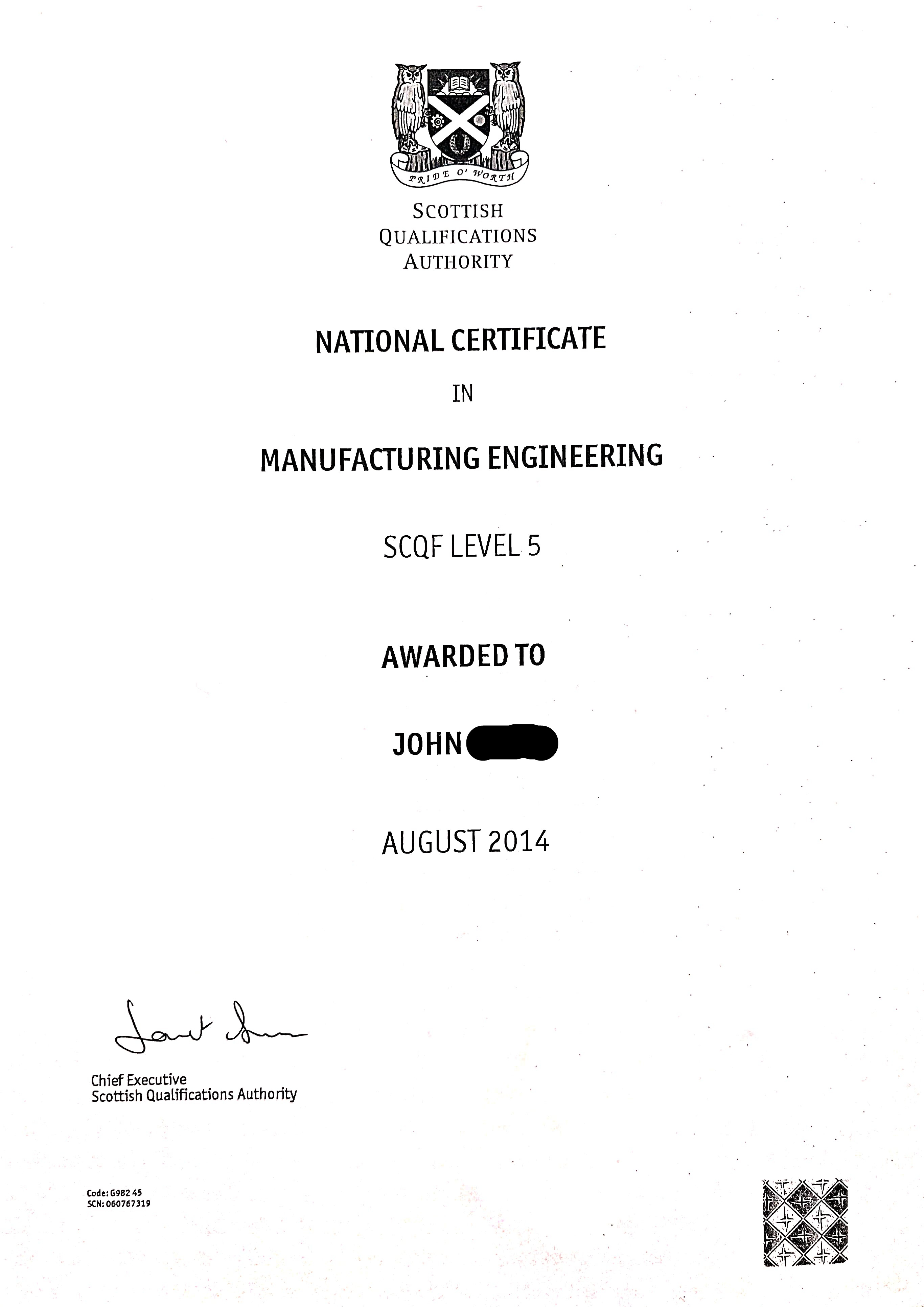 SQA National Certificate in Manufacturing Engineering SCQF Level 5 — John Kerr, ProFix Home Services Glasgow