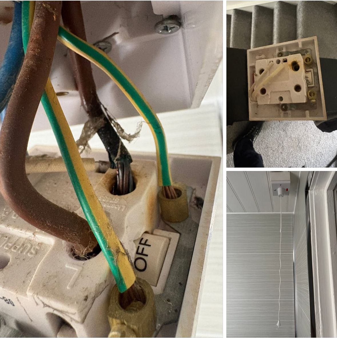 Old deteriorated fused spur wiring replaced with new bathroom pull-cord isolator switch — ProFix Home Services Glasgow