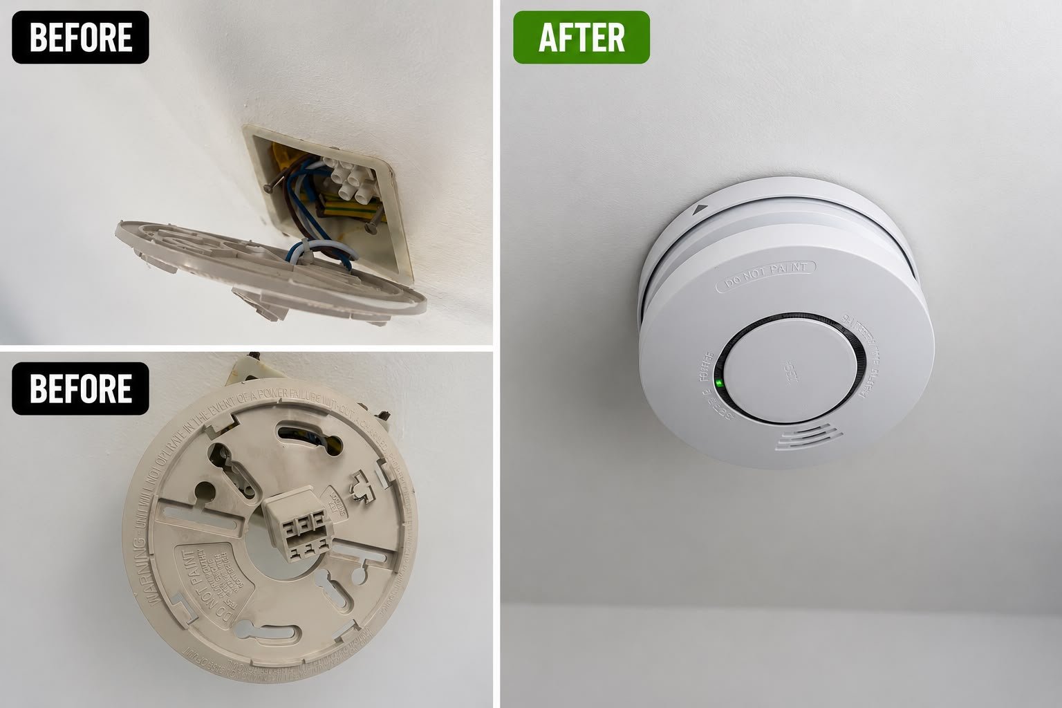 Old wiring junction replaced with new mains-wired smoke detector — ProFix Home Services Glasgow